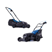 Ein Akku-Rasenmäher mit zwei verschiedenen Perspektiven. Der Rasenmäher hat einen ergonomischen Griff und ist für einfache Handhabung ausgelegt.